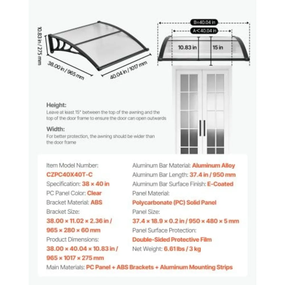 Awnings for Door Entrance, 38 x 40 in, Exterior Fr - Image 4