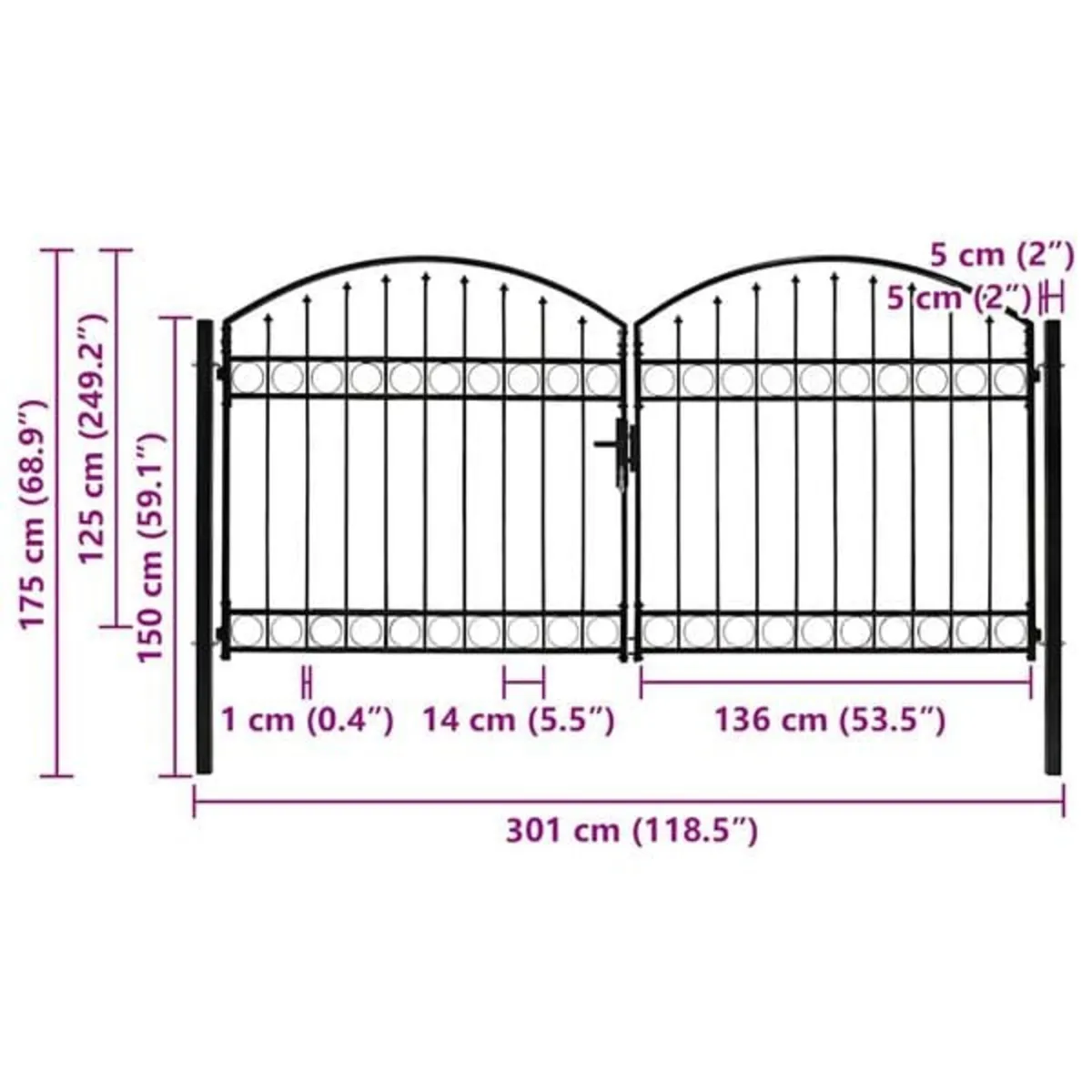 Fence Gate "ASSEN" Double Door with Arched Top Ste - Image 4