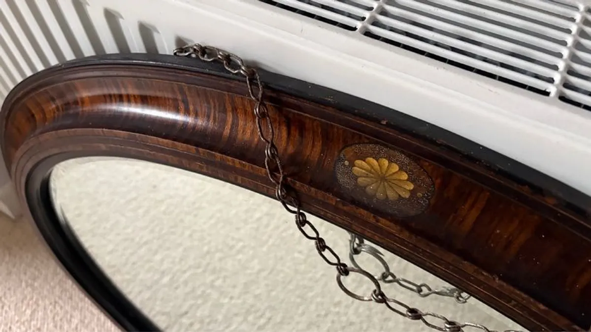 Antique Oval Mahogany Wall Mirror with Inlay & Bevelled Glass - Image 3