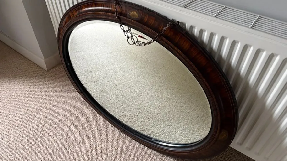 Antique Oval Mahogany Wall Mirror with Inlay & Bevelled Glass - Image 1