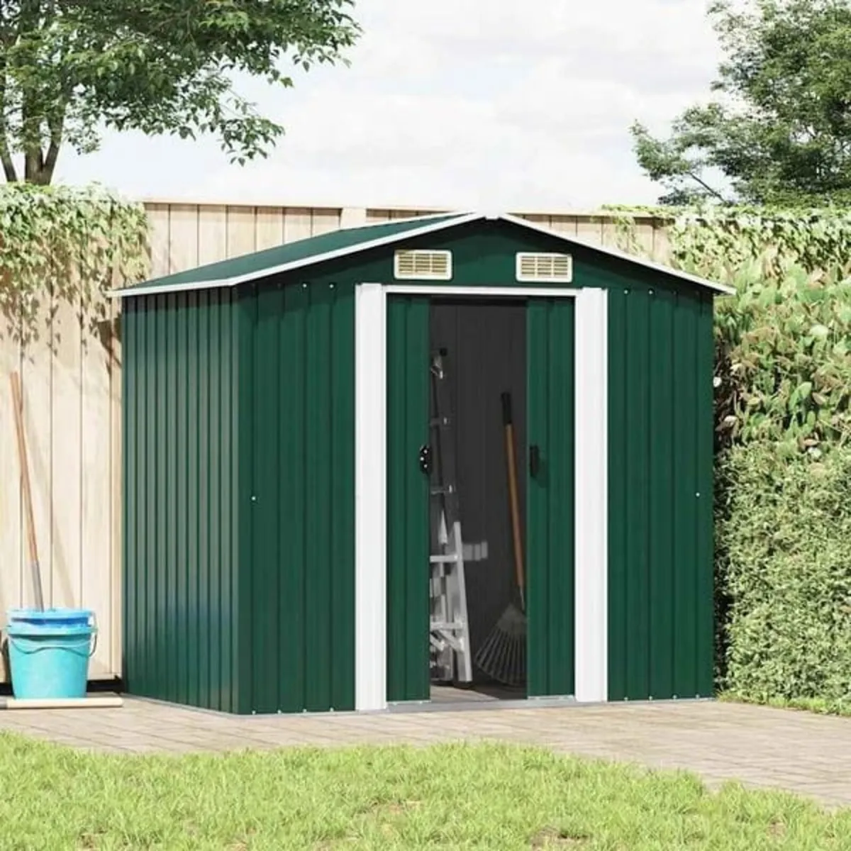 Garden Storage Shed Green Metal 204x132x186 cm

De - Image 1