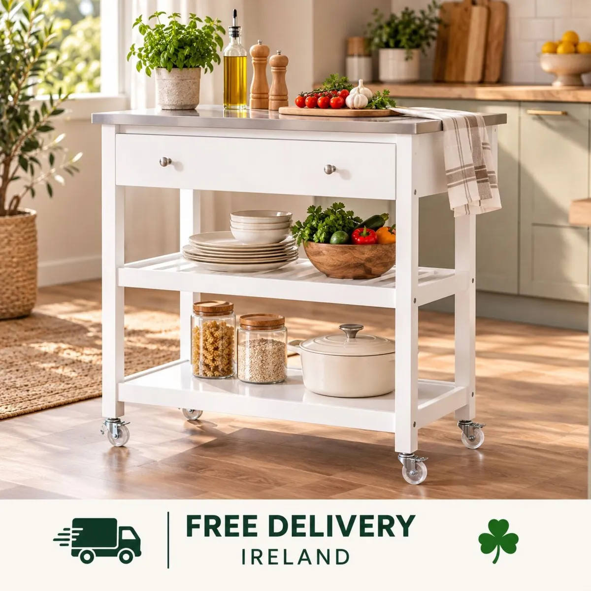 White Kitchen Trolley on Wheels with Stainless Ste - Image 1