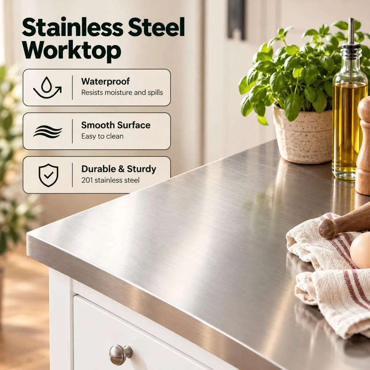 White Kitchen Trolley on Wheels with Stainless Ste - Image 2