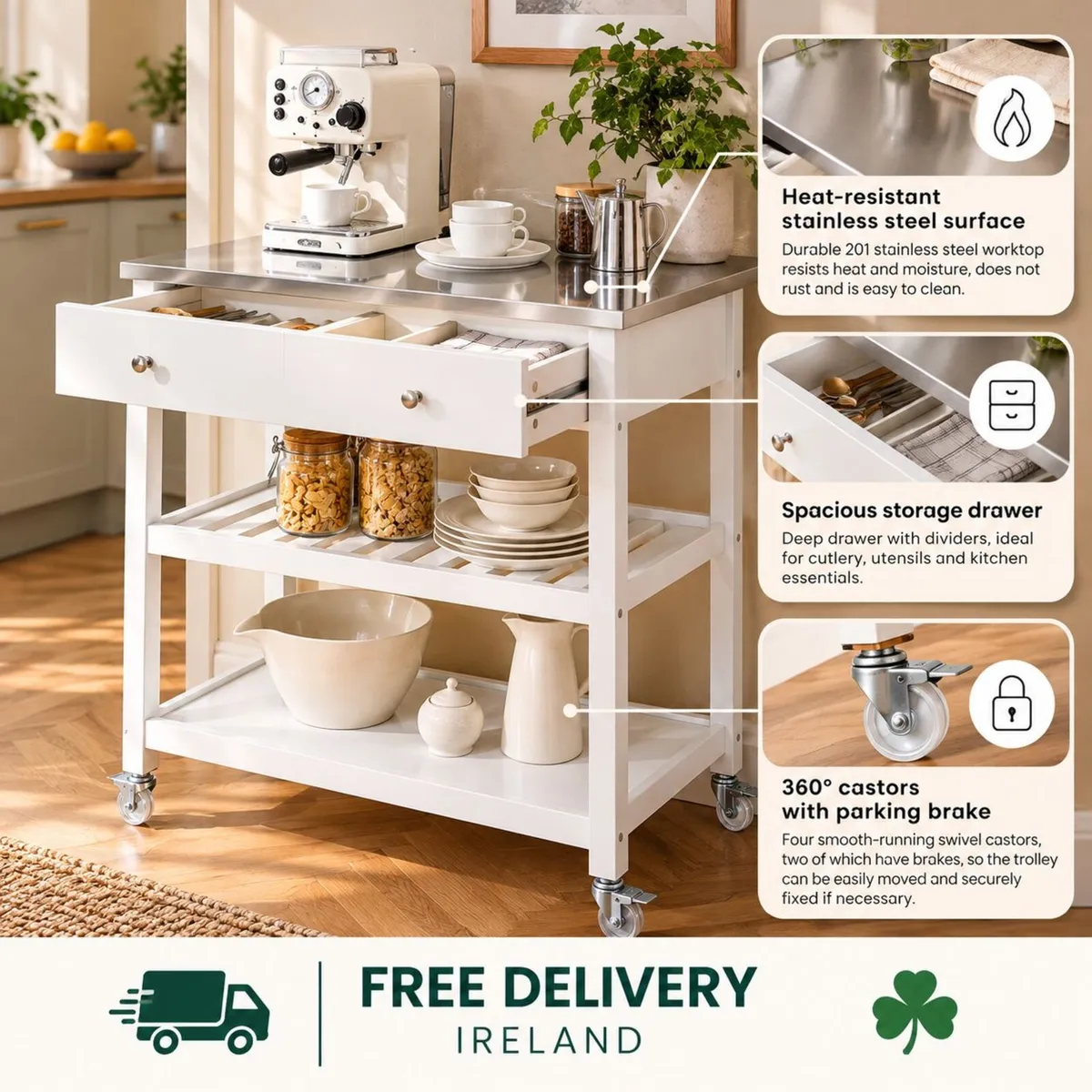 White Kitchen Trolley on Wheels with Stainless Ste - Image 3