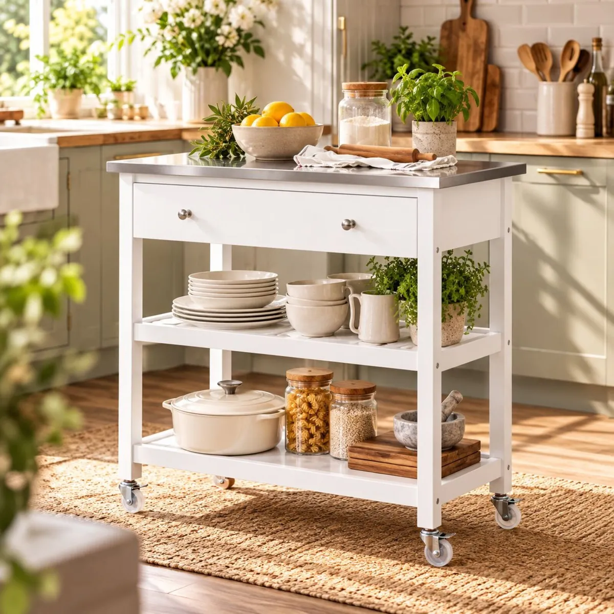 White Kitchen Trolley on Wheels with Stainless Ste - Image 4