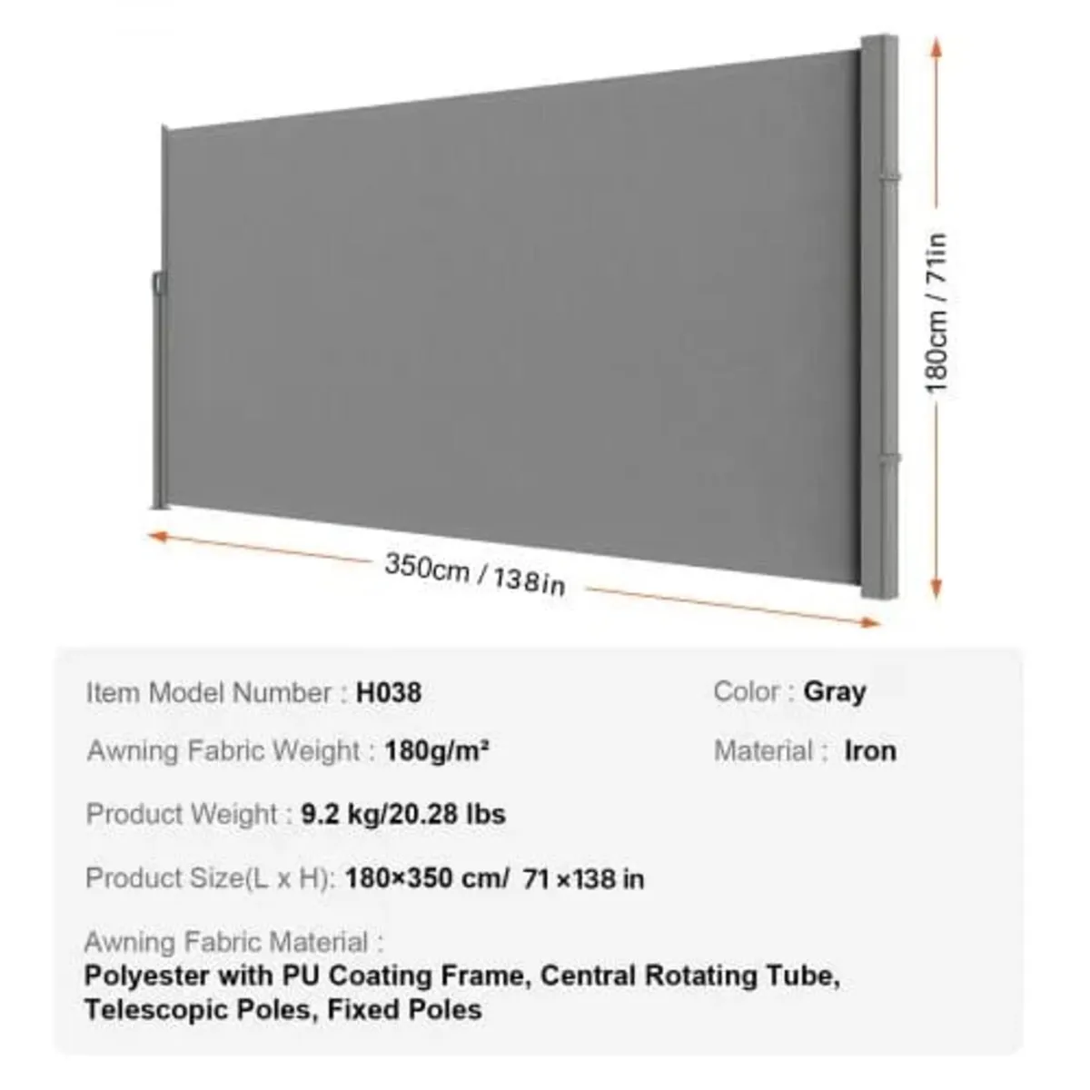 Retractable Side Awning, 71''x 138'' Outdoor Priva - Image 4