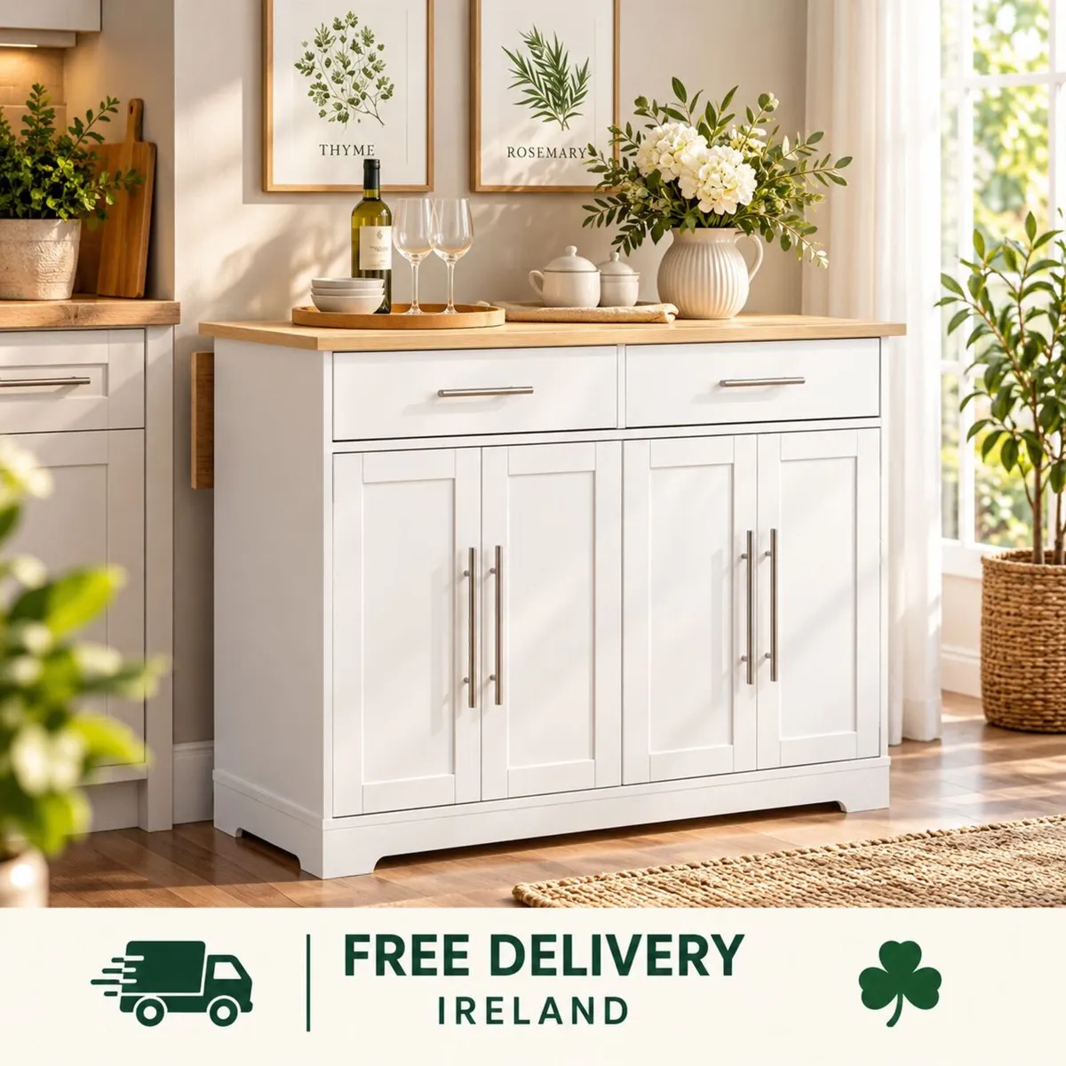 White Kitchen Island on Wheels with Extendable Wor - Image 1