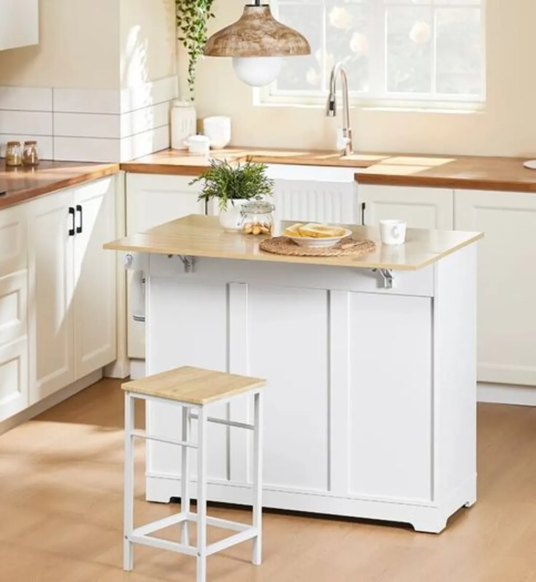 White Kitchen Island on Wheels with Extendable Wor - Image 2