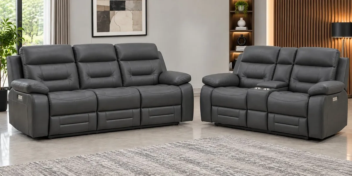 Monaco Dark Grey & Black Leather Recliner Sofa Set - Image 1