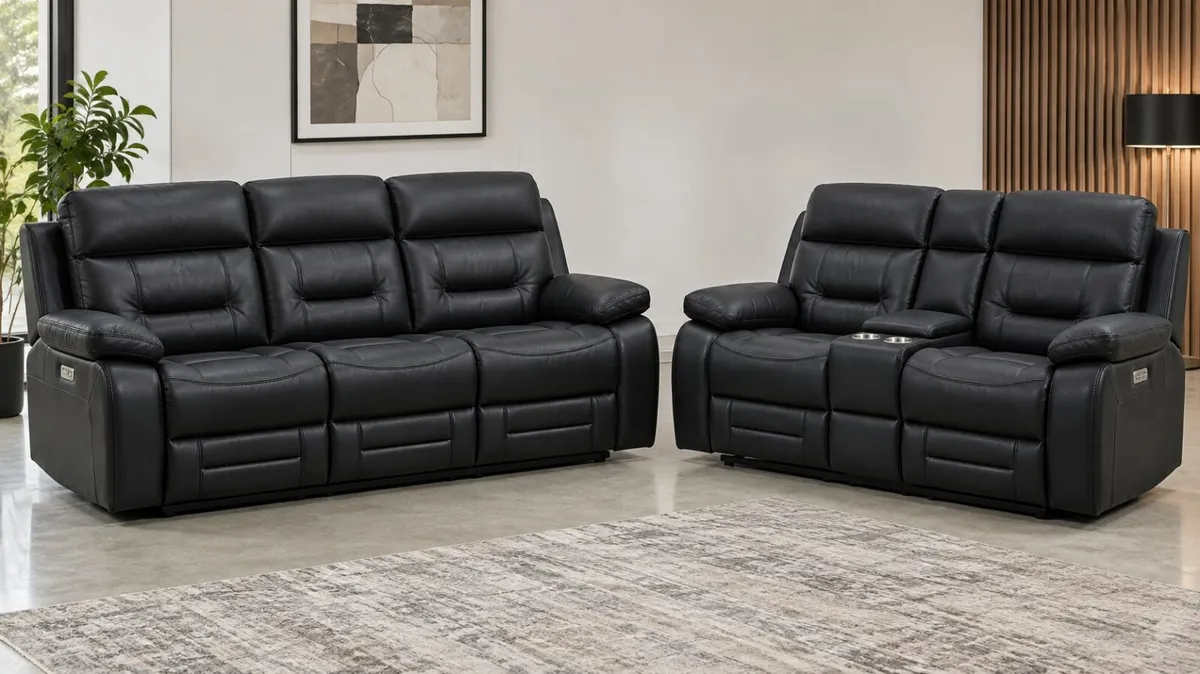 Monaco Dark Grey & Black Leather Recliner Sofa Set - Image 2