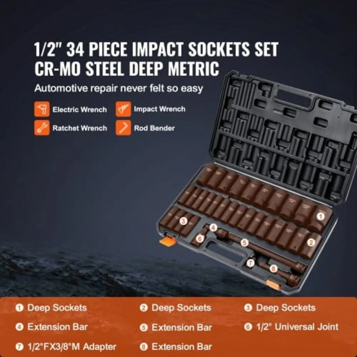 1/2" Drive Deep Impact Socket Set, 34pcs Socket Se - Image 4