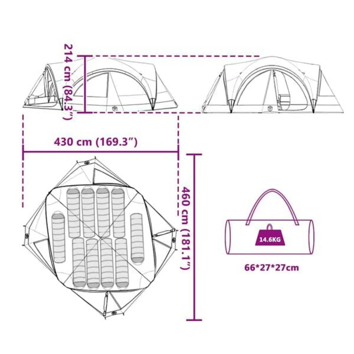 Family Tent 10-Person Blue and Grey 460 x 430 x 21 - Image 3