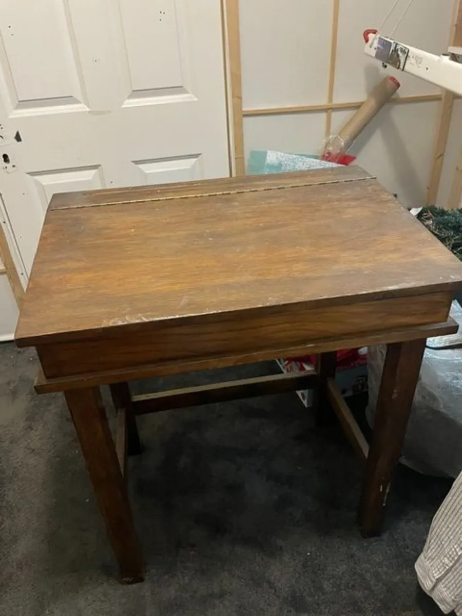 Old style wooden school table with flip lid shelf - Image 1