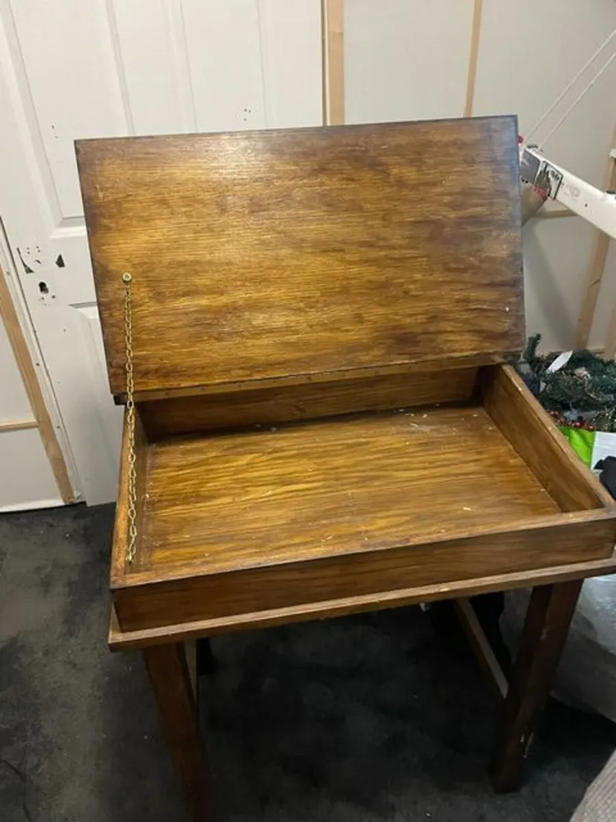 Old style wooden school table with flip lid shelf - Image 2