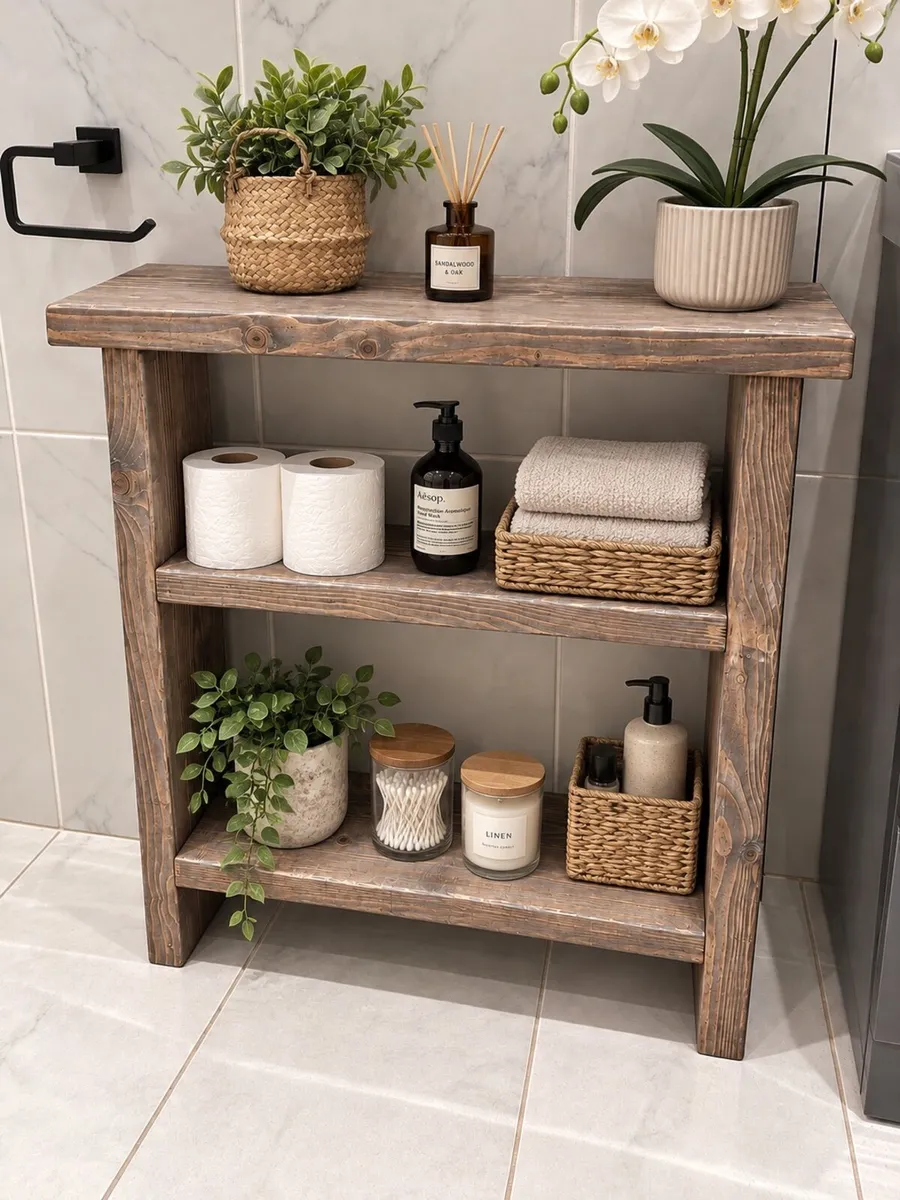 Rustic Wood Bathroom Storage Aged Oak/Lime Finish - Image 1