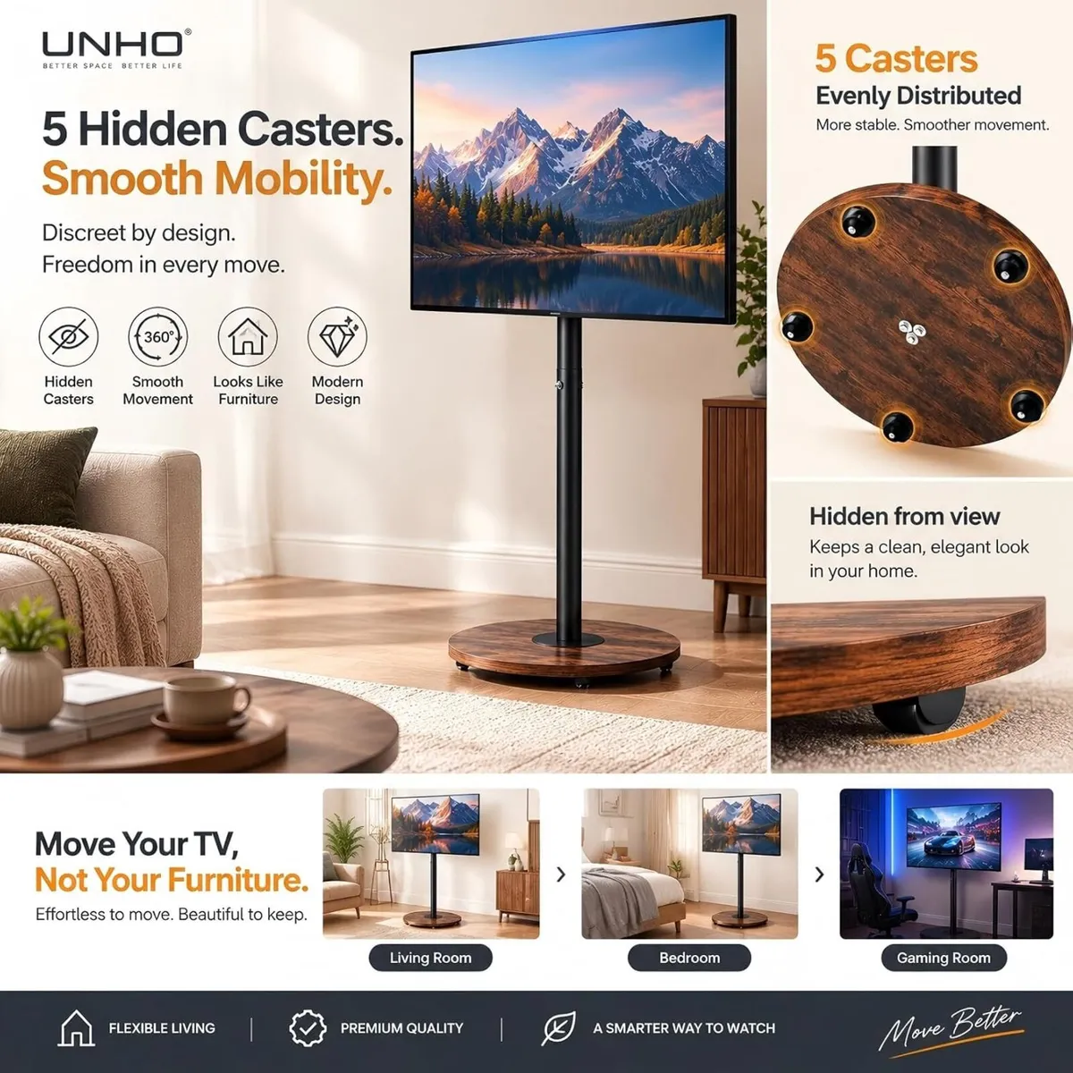 Floor TV Stand with Hidden Wheels 40–75 Inch - Image 3