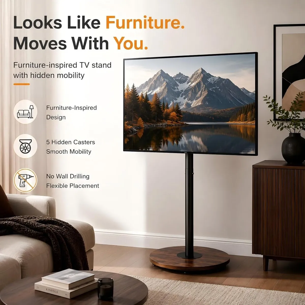 Floor TV Stand with Hidden Wheels 40–75 Inch - Image 2