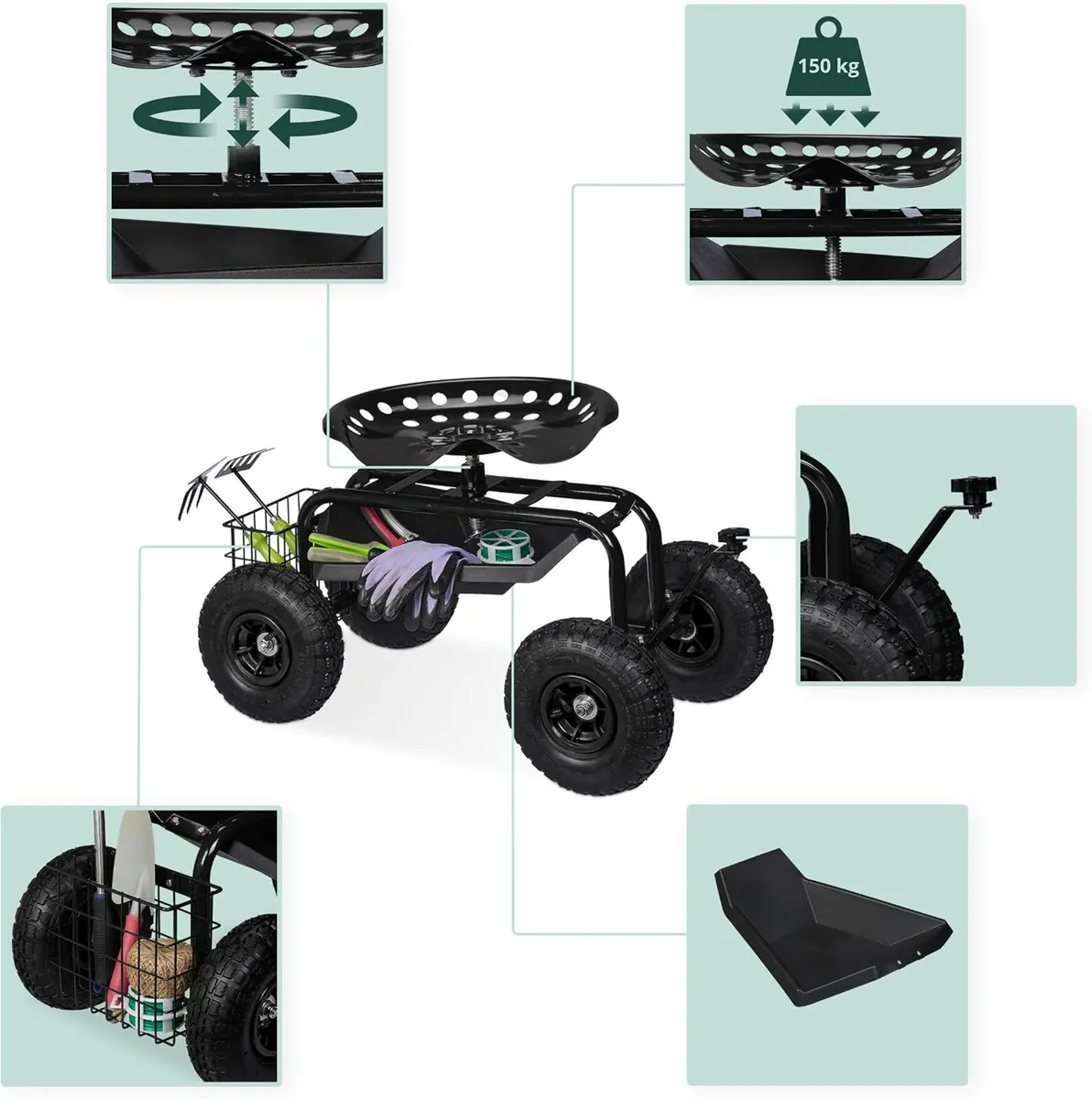 Wheeled Garden Seat Height-Adjustable 150KG - Image 3