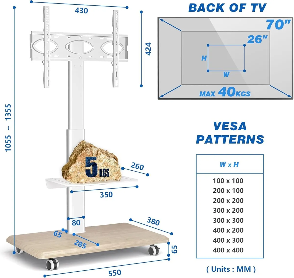 Mobile TV Stand on Wheels for 26-70 Inch - Image 3