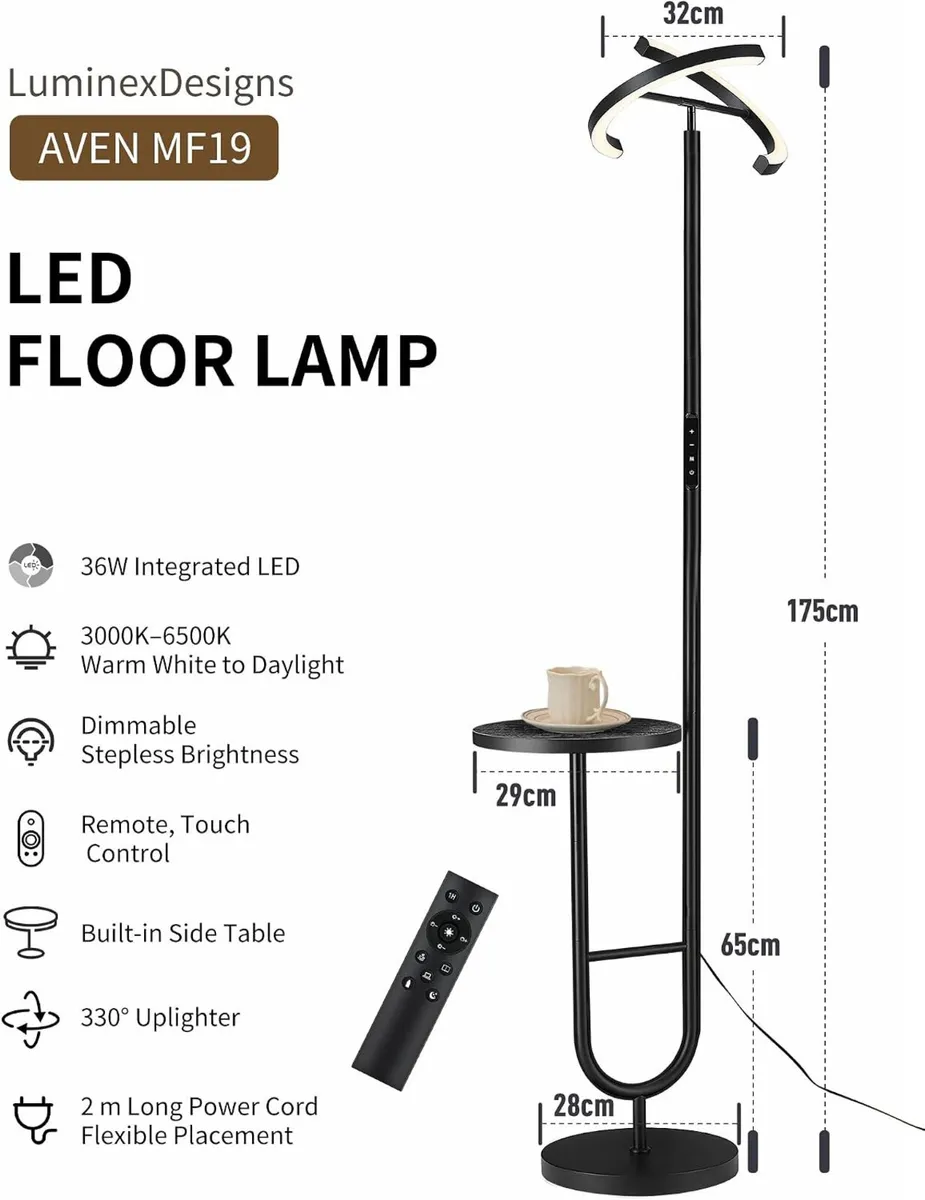 36W LED Uplighter Floor Lamp with Side Table - Image 3