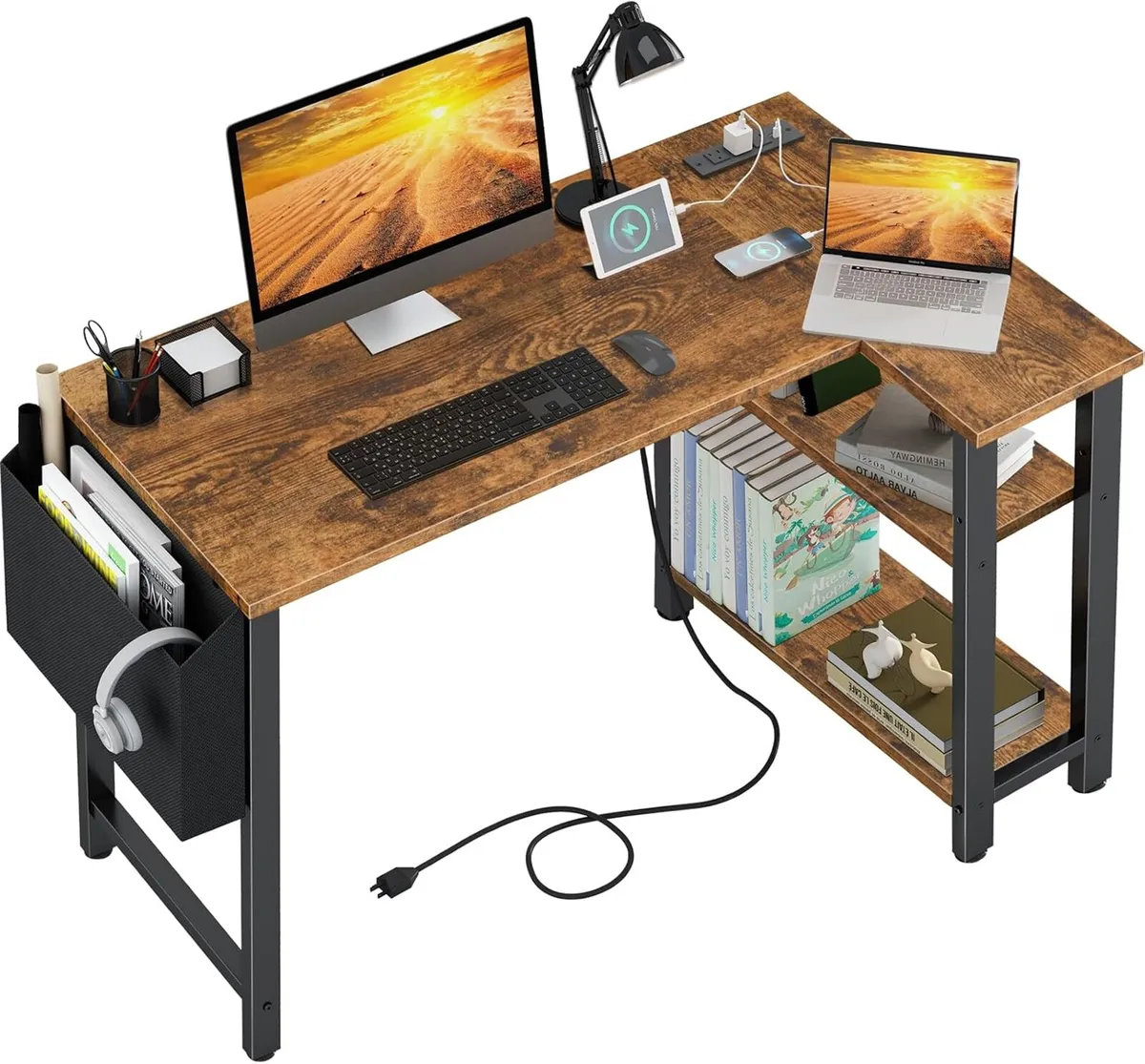 Small L Shaped Desk with Power Outlet Shelves - Image 1