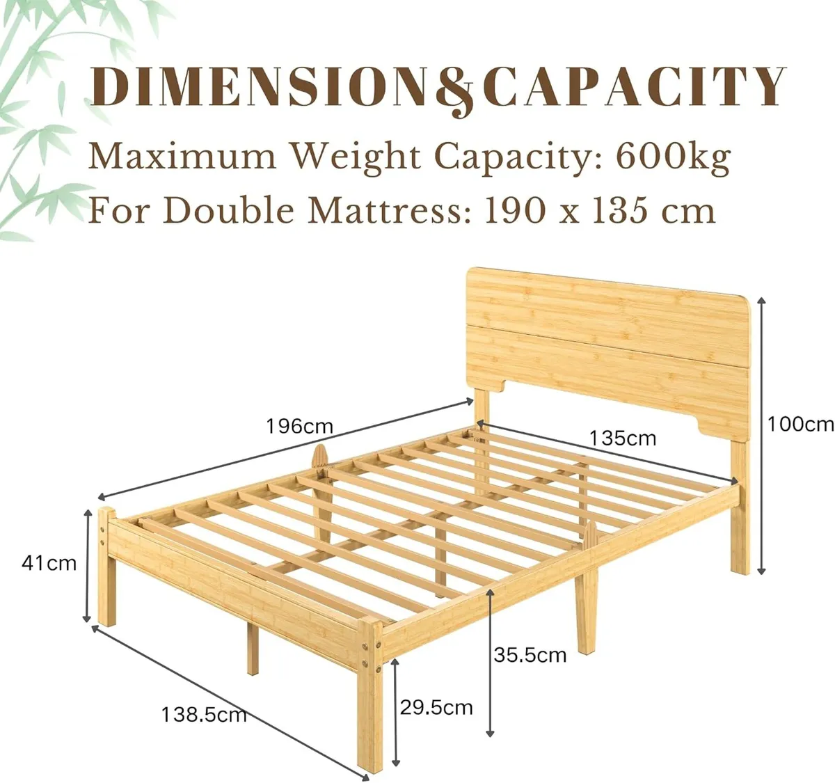 Wooden Bed Frame with Headboard Bamboo Wood - Image 2