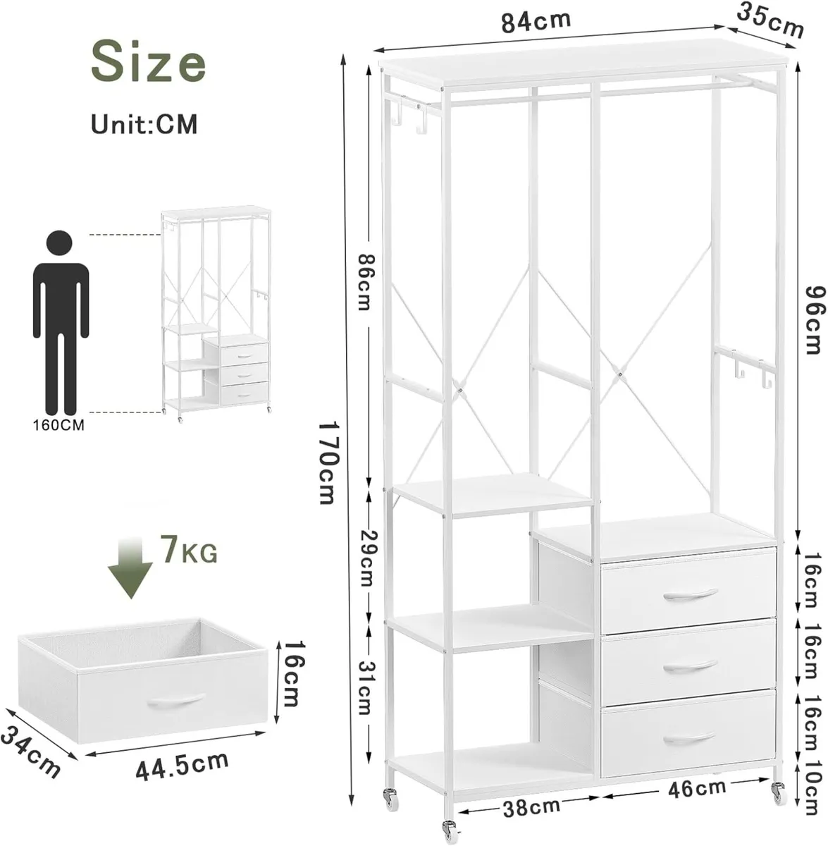 Heavy Duty Clothing Rail Wardrobe with 3 Drawers - Image 3