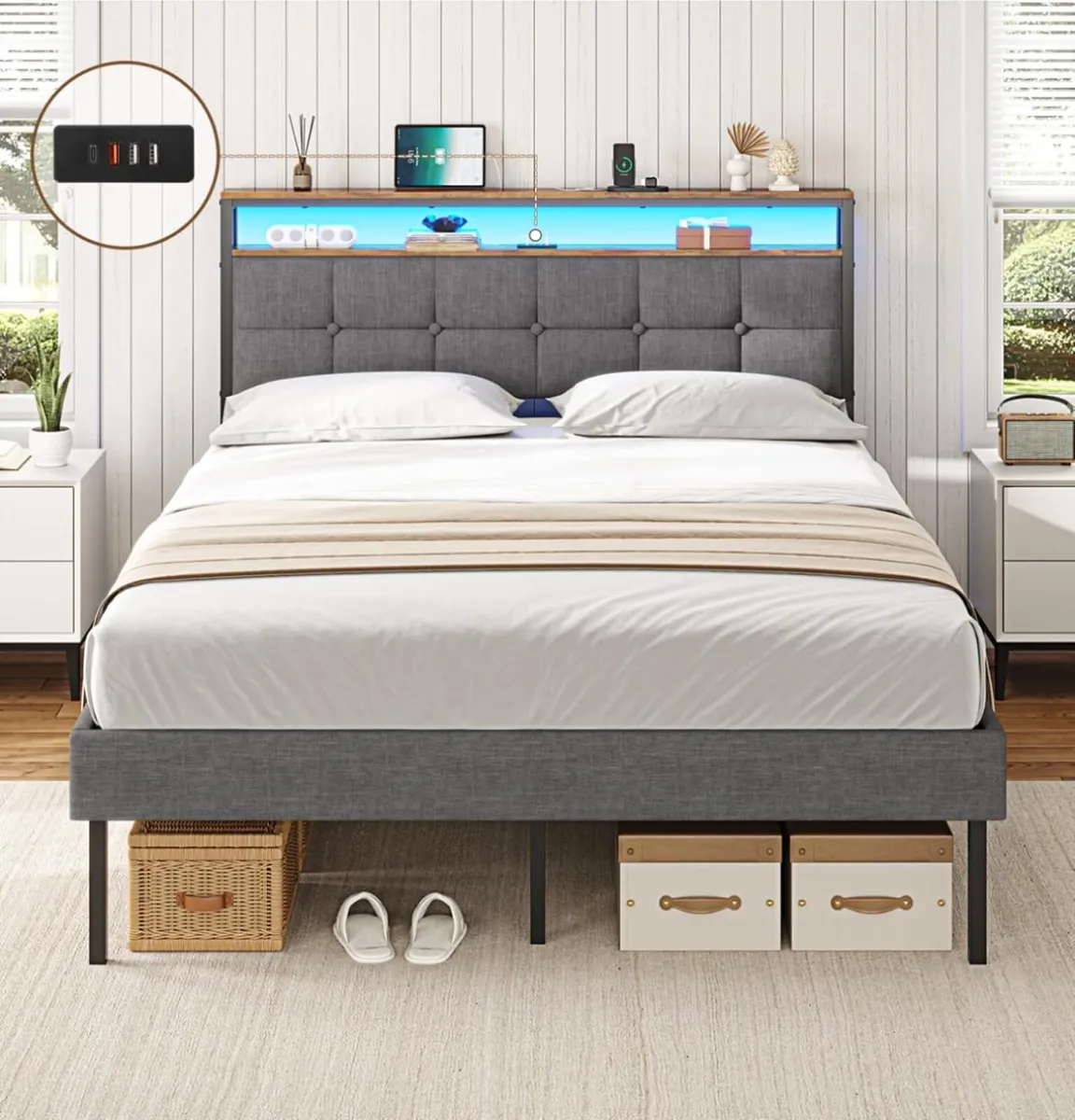 Bed Frame with Storage Upholstered LED Lights - Image 1