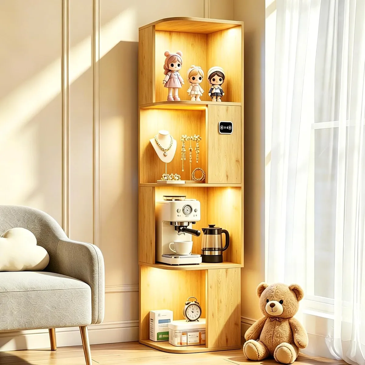 4-Tiers Corner Bookcase with 3 Colour Lights Human - Image 1