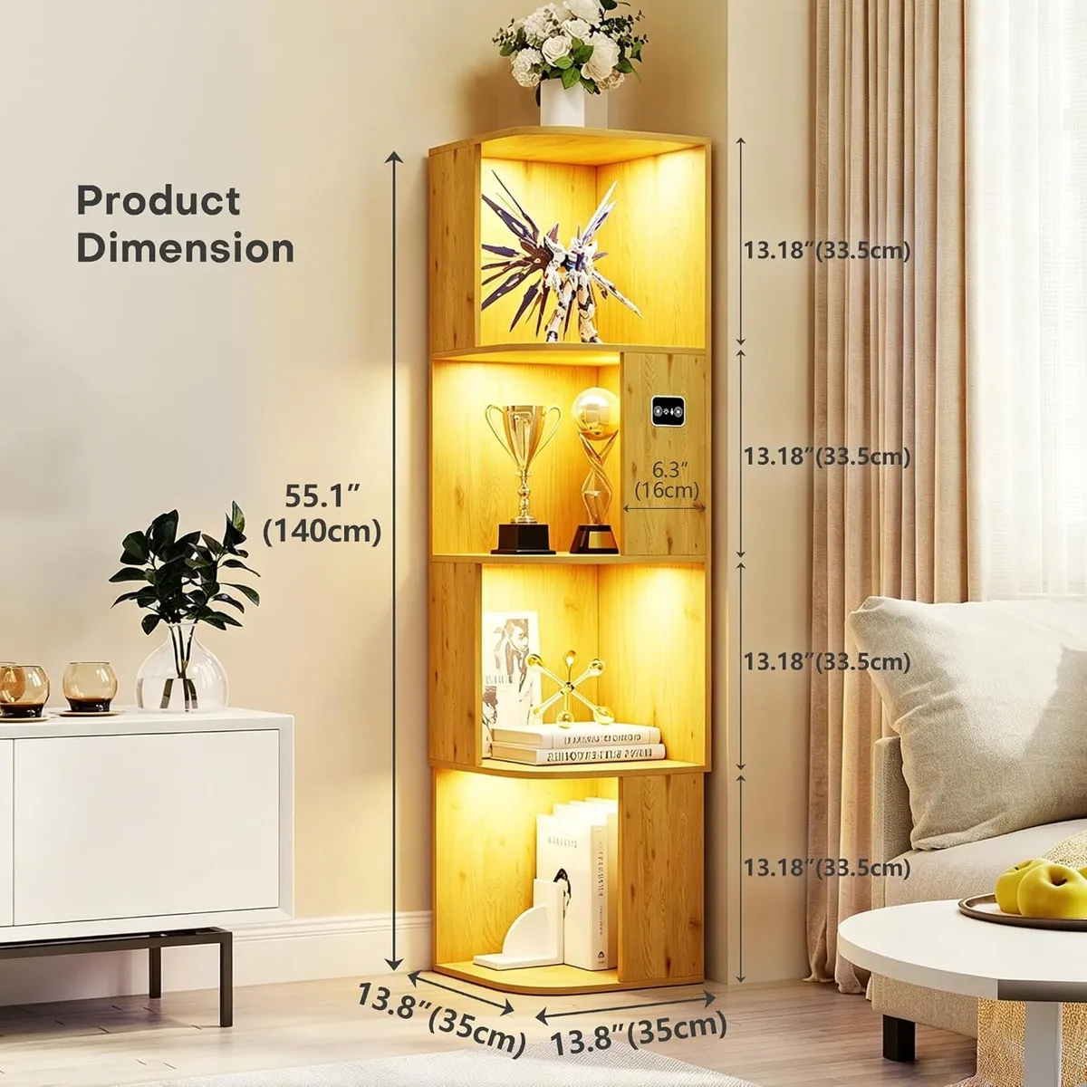 4-Tiers Corner Bookcase with 3 Colour Lights Human - Image 2