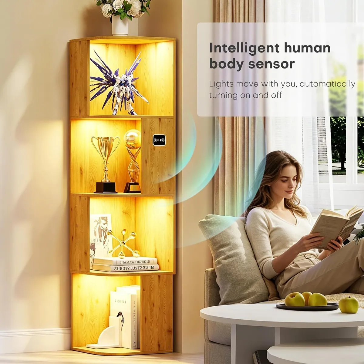 4-Tiers Corner Bookcase with 3 Colour Lights Human - Image 3