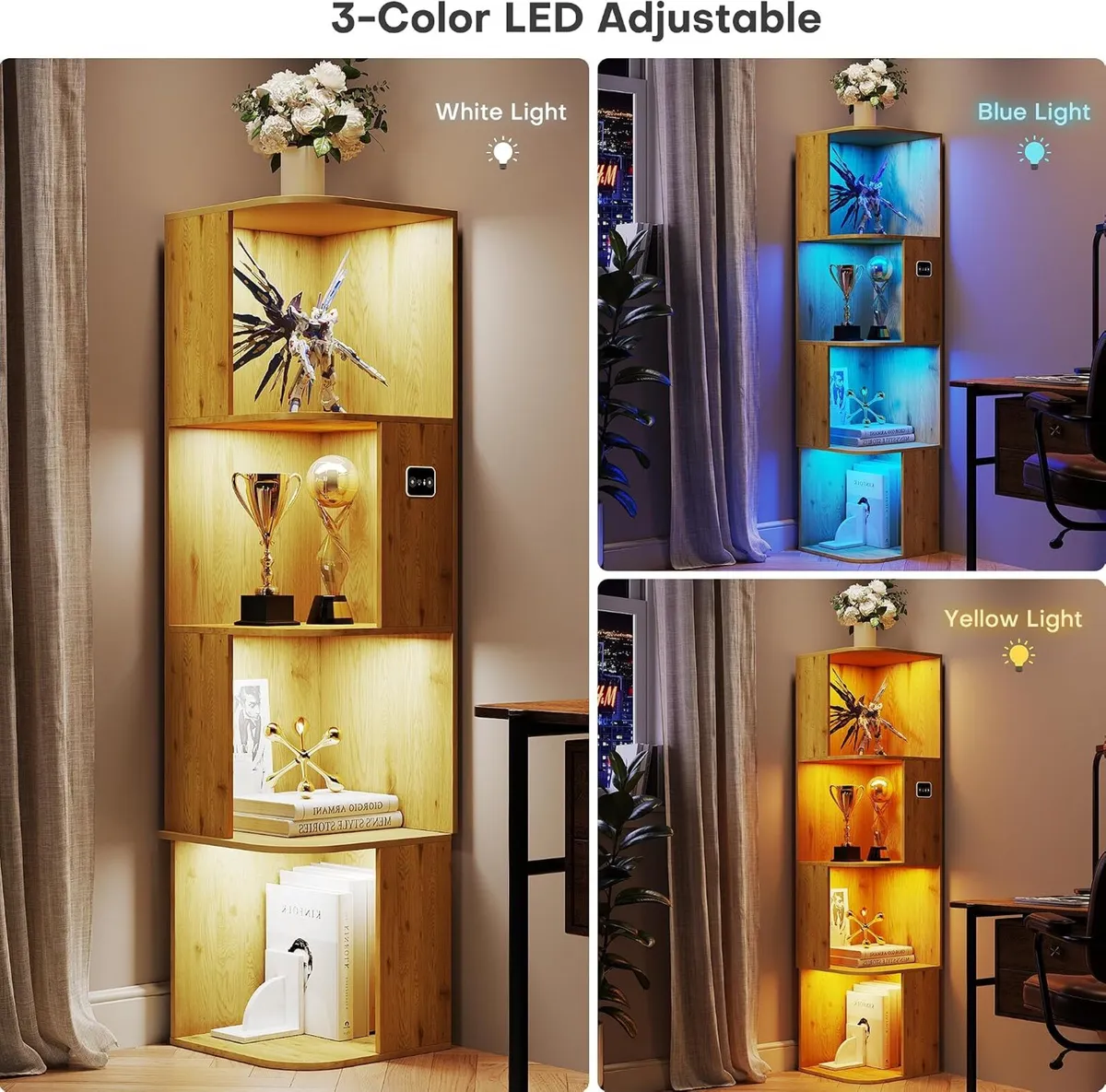 4-Tiers Corner Bookcase with 3 Colour Lights Human - Image 4