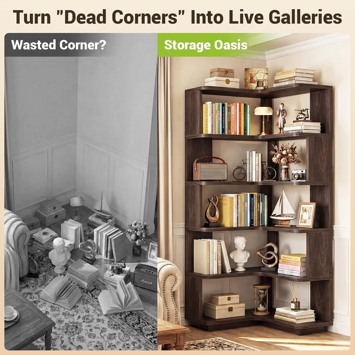5-Tier Corner Bookshelf L-Shaped Bookcase - Image 4