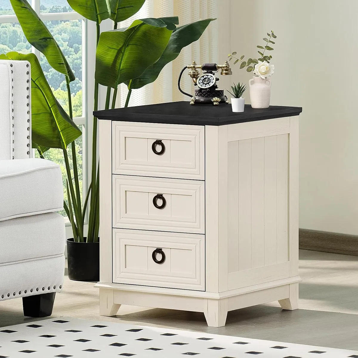 Rustic Farmhouse Bedside Table 3 Drawers Wooden - Image 1