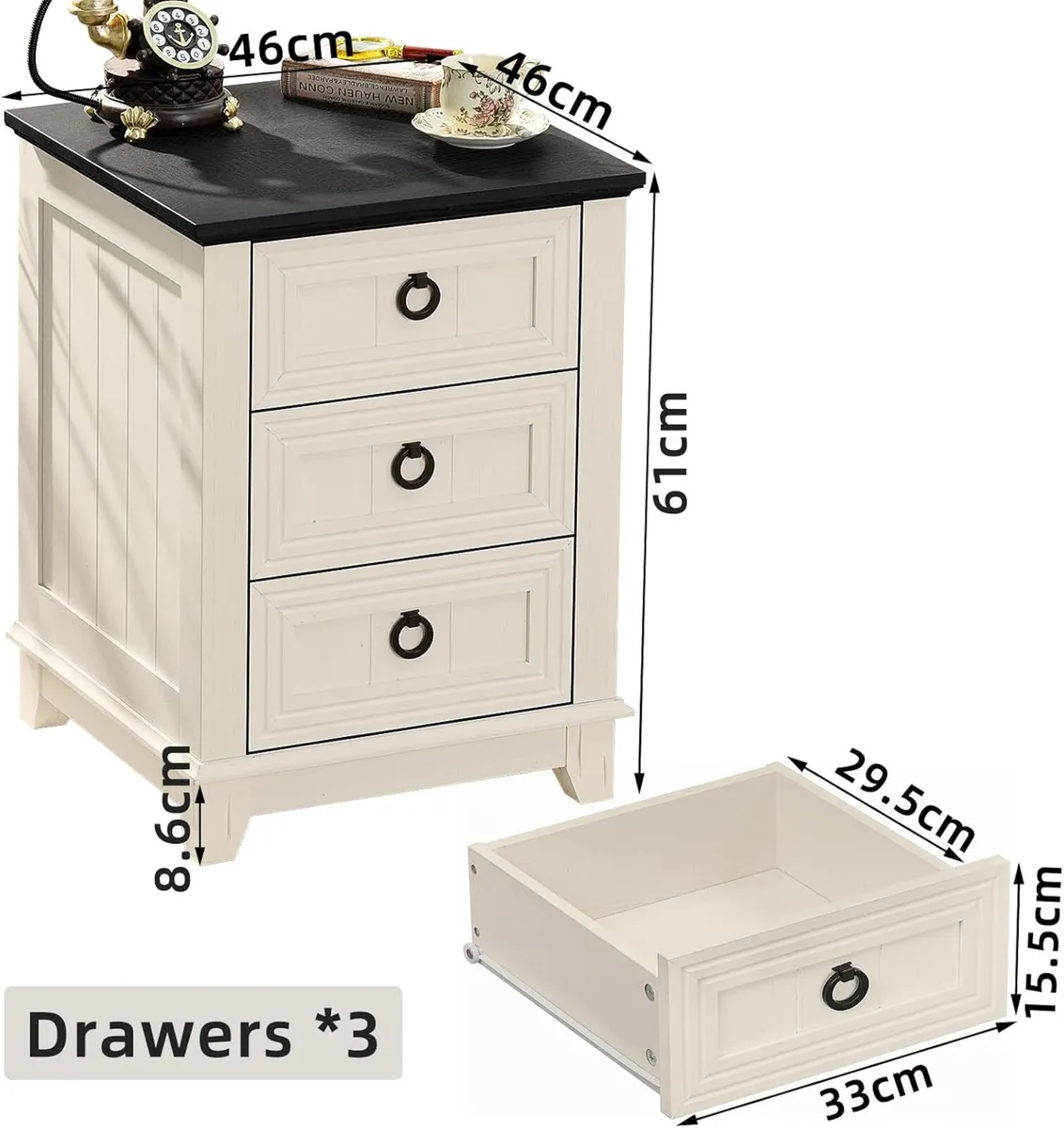 Rustic Farmhouse Bedside Table 3 Drawers Wooden - Image 2
