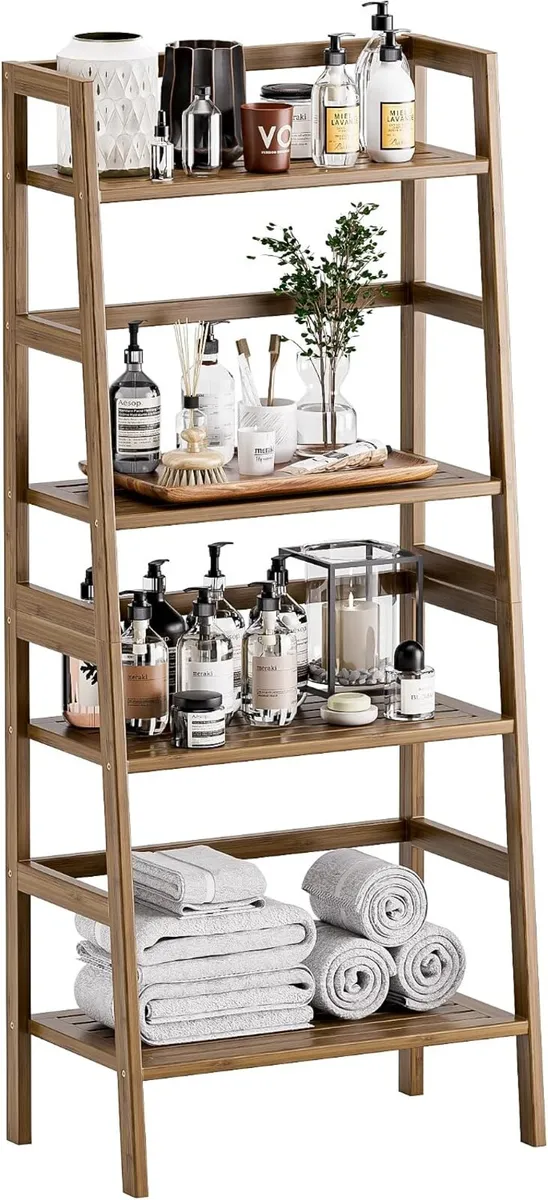 Ladder Shelf Walnut Bamboo Bookshelf 4 Tier Open - Image 1
