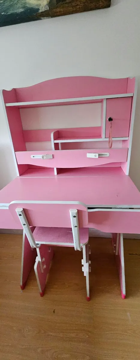 Pink kids study desk and chair set - Image 1