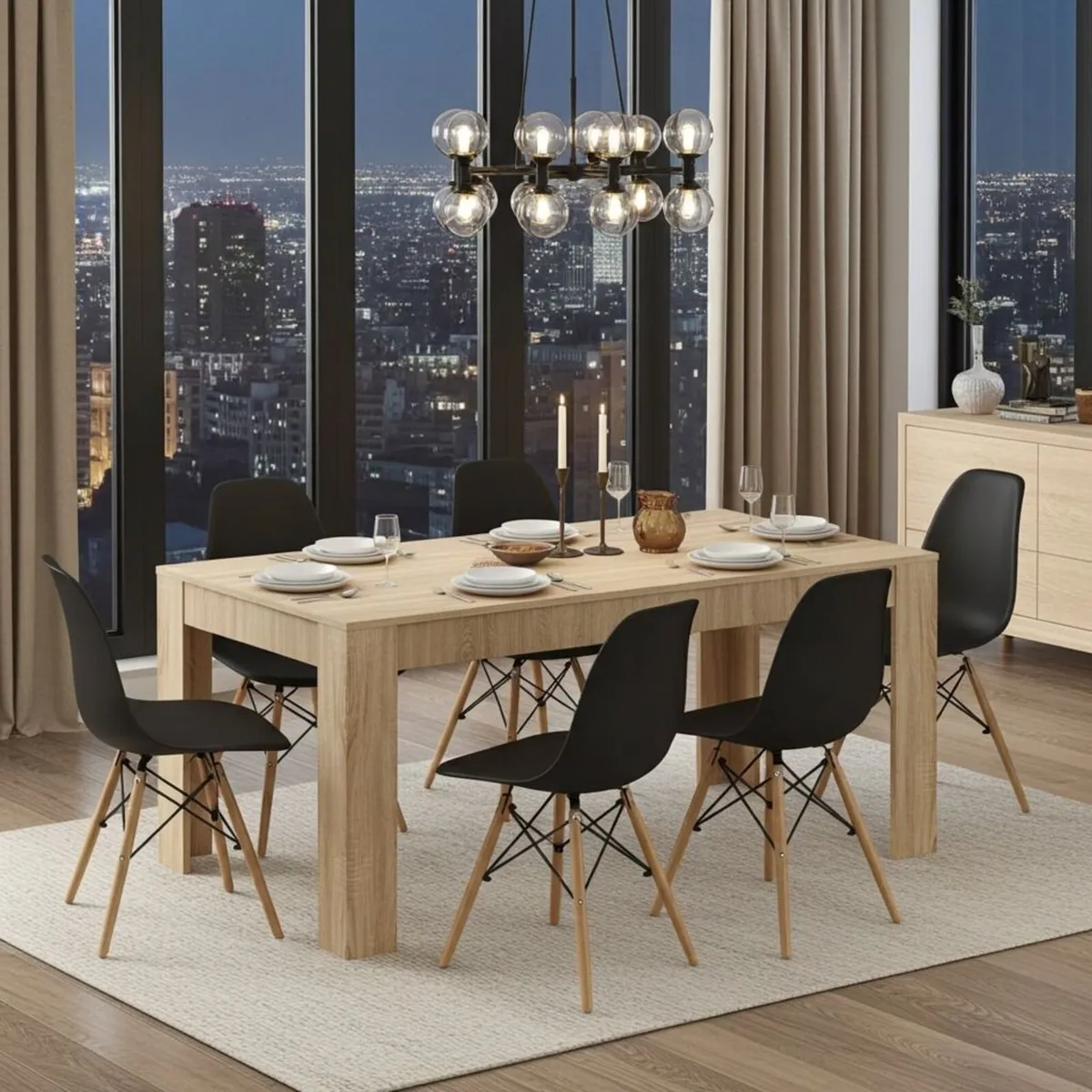 6 Seater Wooden Dining Table Set Nordic Style OaK - Image 1