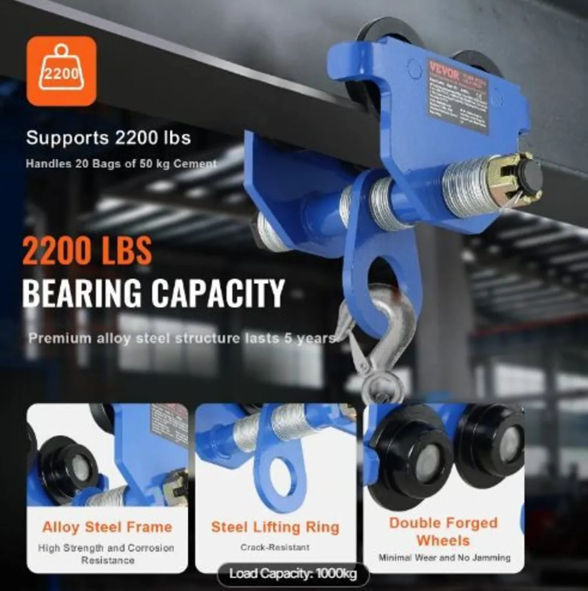 Manual Trolley, 2200 lbs/1 Ton Load Capacity - Image 1