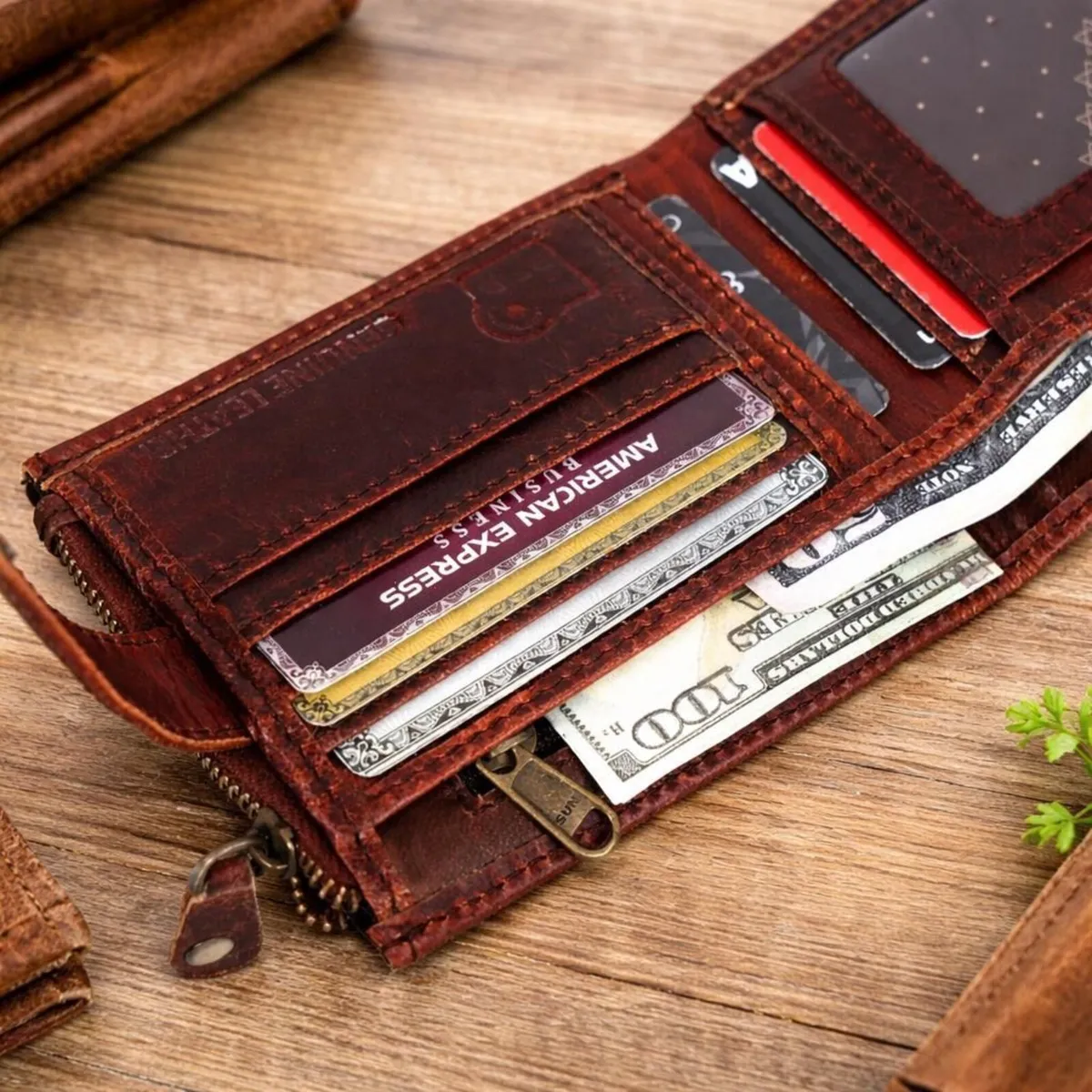 Handmade Genuine Leather Trifold RFID Wallet - Image 4