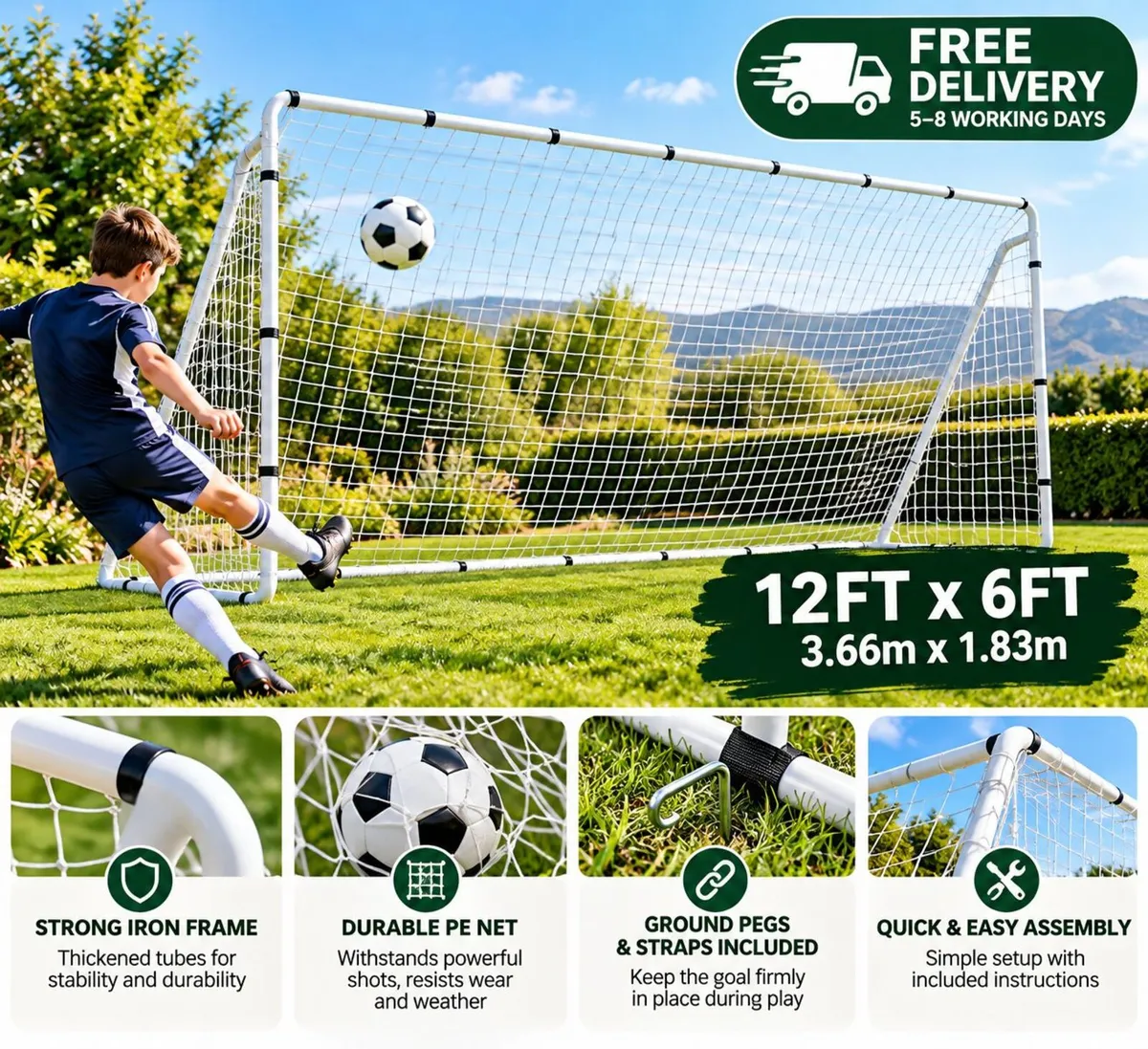 12ft x 6ft Heavy Duty Garden Football Goal – Whit - Image 2