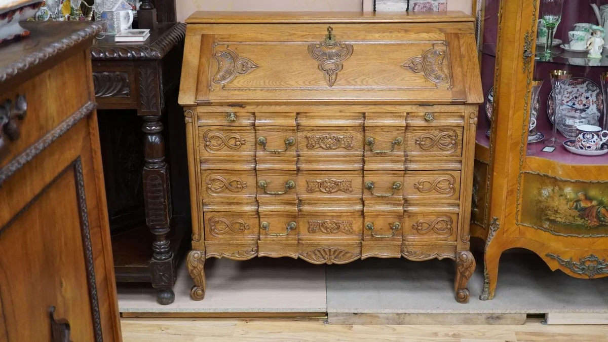 French Carved Oak Bureau - Image 2
