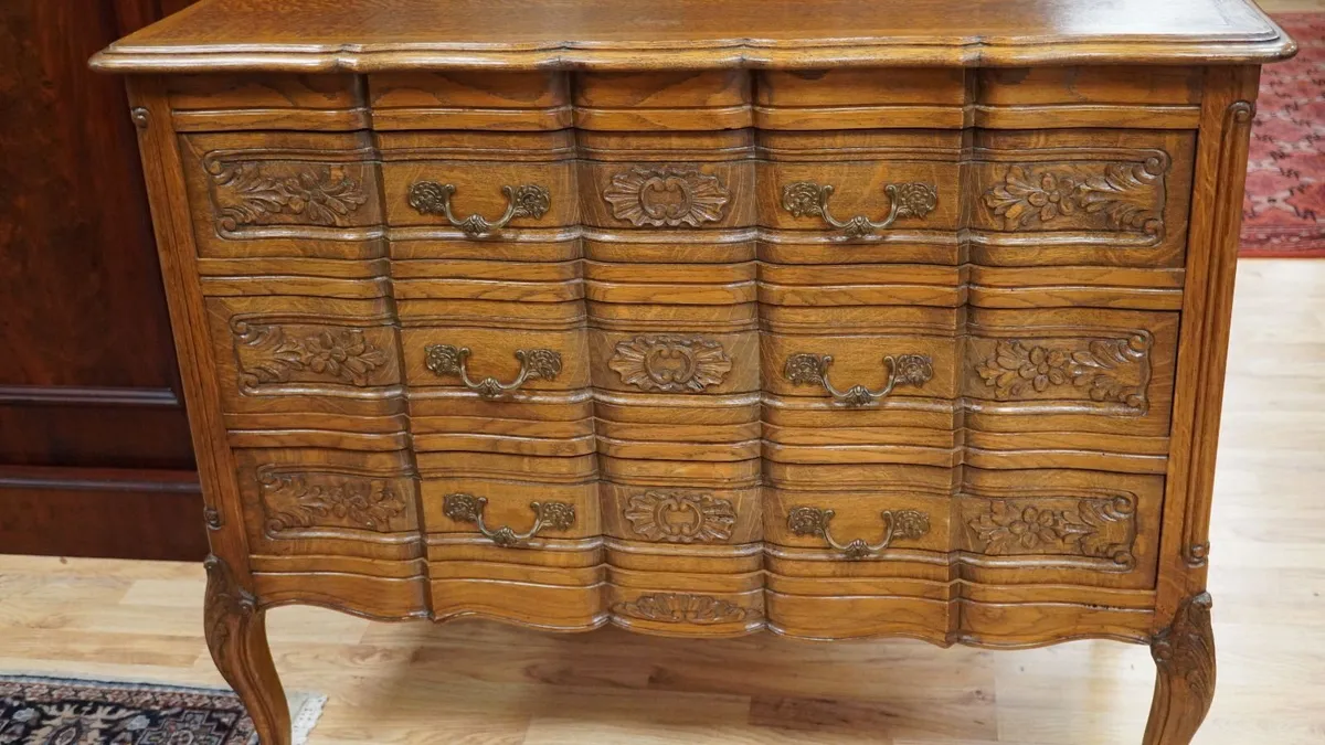 Vintage French Carved Oak Chest of Drawers - Image 4
