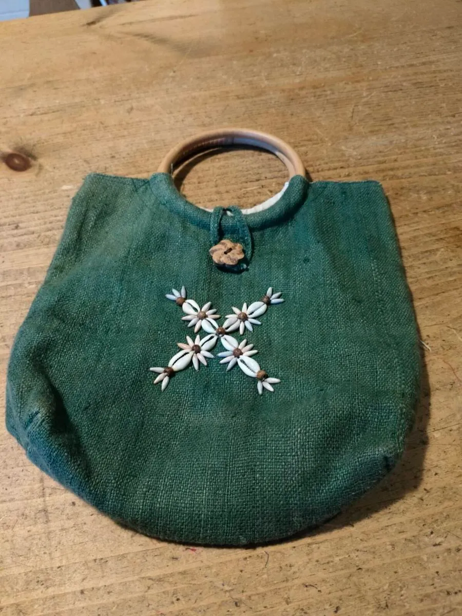 handmade boho style green burlap handbag featuring - Image 1