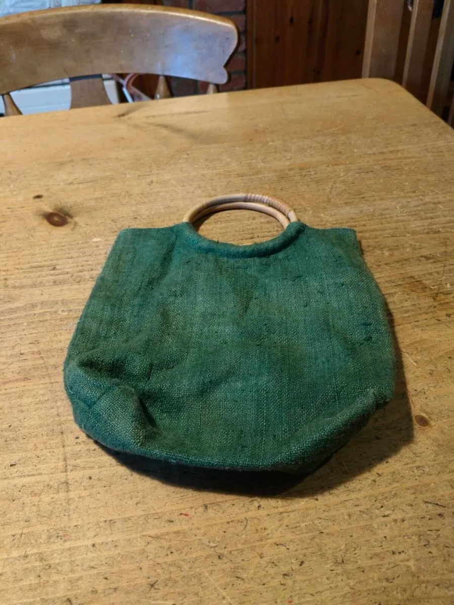 handmade boho style green burlap handbag featuring - Image 2