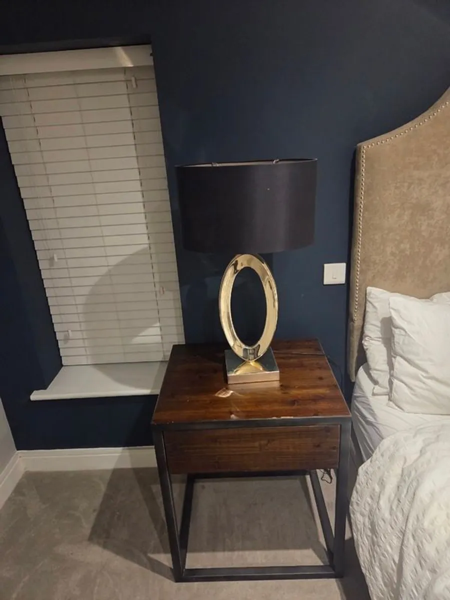 2 x industrial style wooden bedside lockers with 2 x lamps - Image 2