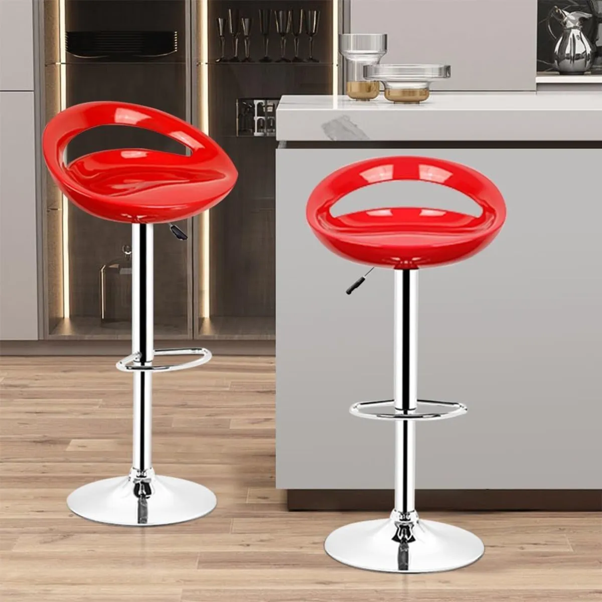 Bar Stool Set of 2 Modern Black White and Red - Image 1