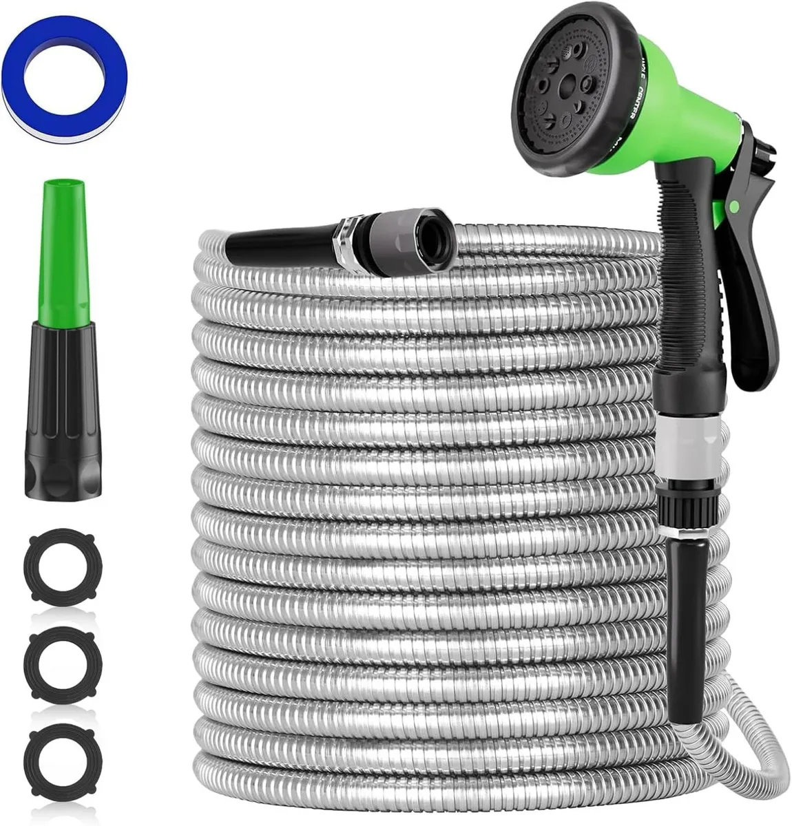 Garden Hose 100ft 304 Steel Pipe with Spray Nozzle - Image 1