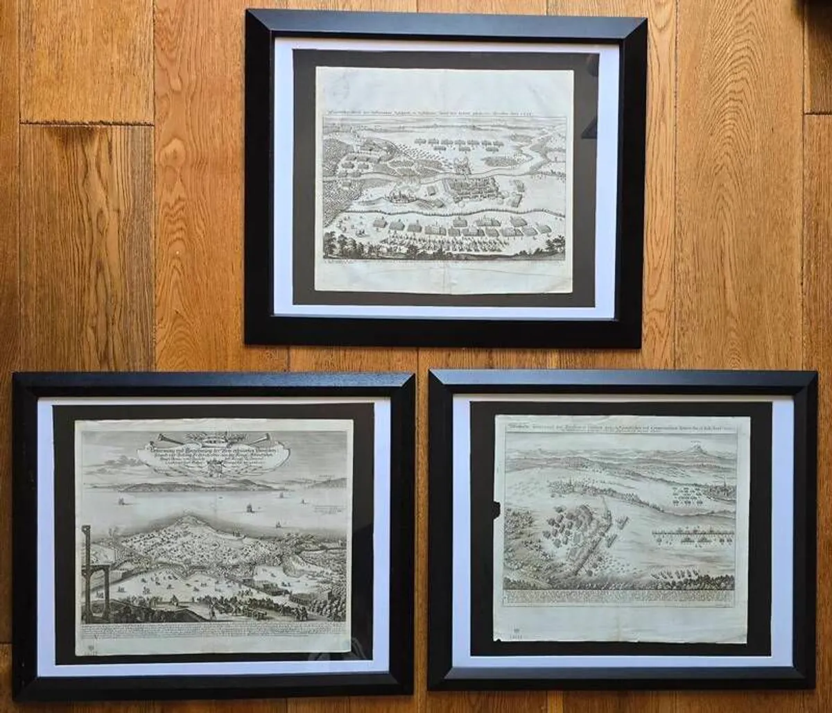 3 Matthaus Merian Antique Battle Engravings  17th Century Framed Set - Image 1