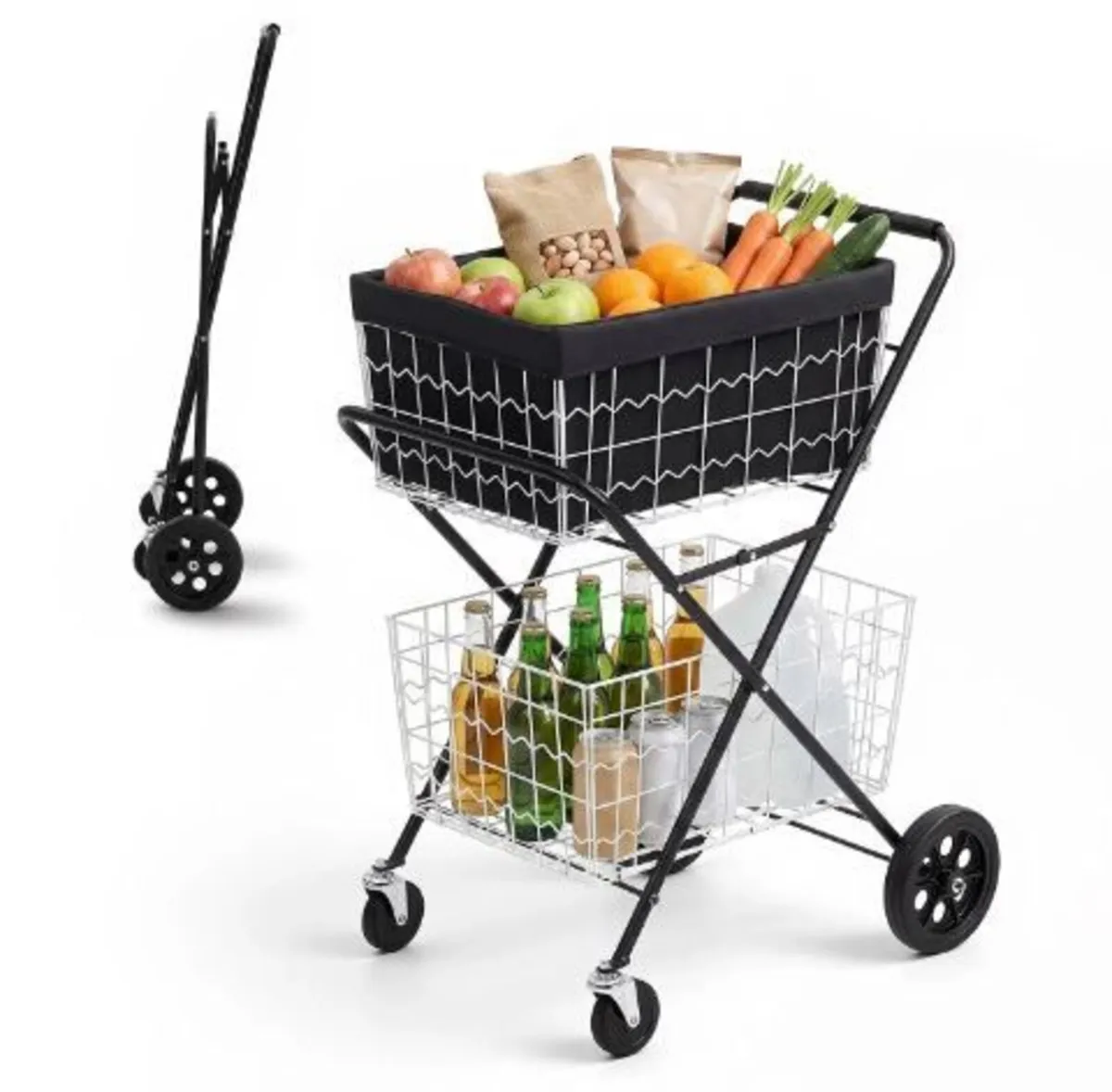Shopping Cart 2-Tier with Wheels Foldable - Image 1